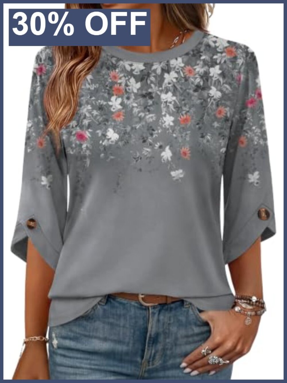 Women's 3/4 Sleeve Blouse Button Cuff Crew Neck Loose Fit Top